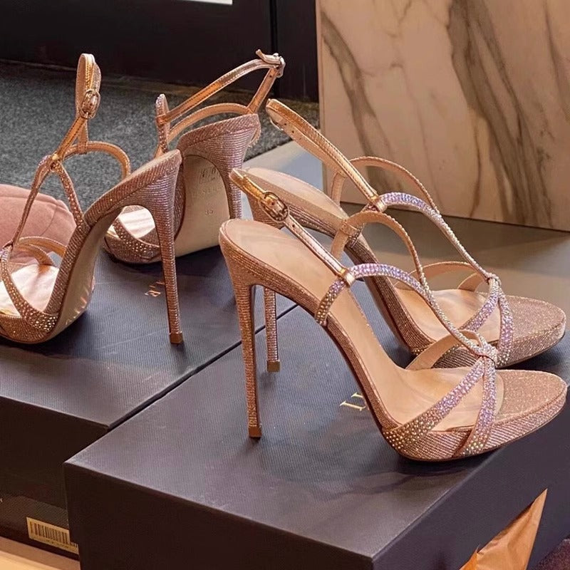 Pink Champagne Rhinestone Strappy Platform Stiletto Sandals | Crystal Embellished Evening Heels