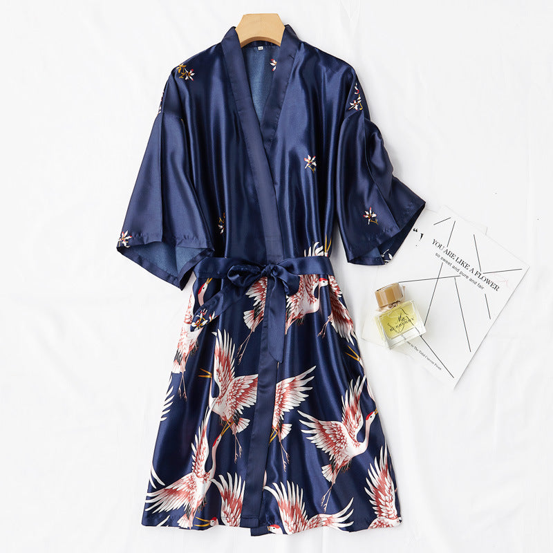 Navy Blue Satin Kimono Robe Women | Crane Print Silk-Feel Belted Robe | Luxury Sleepwear Loungewear Gift