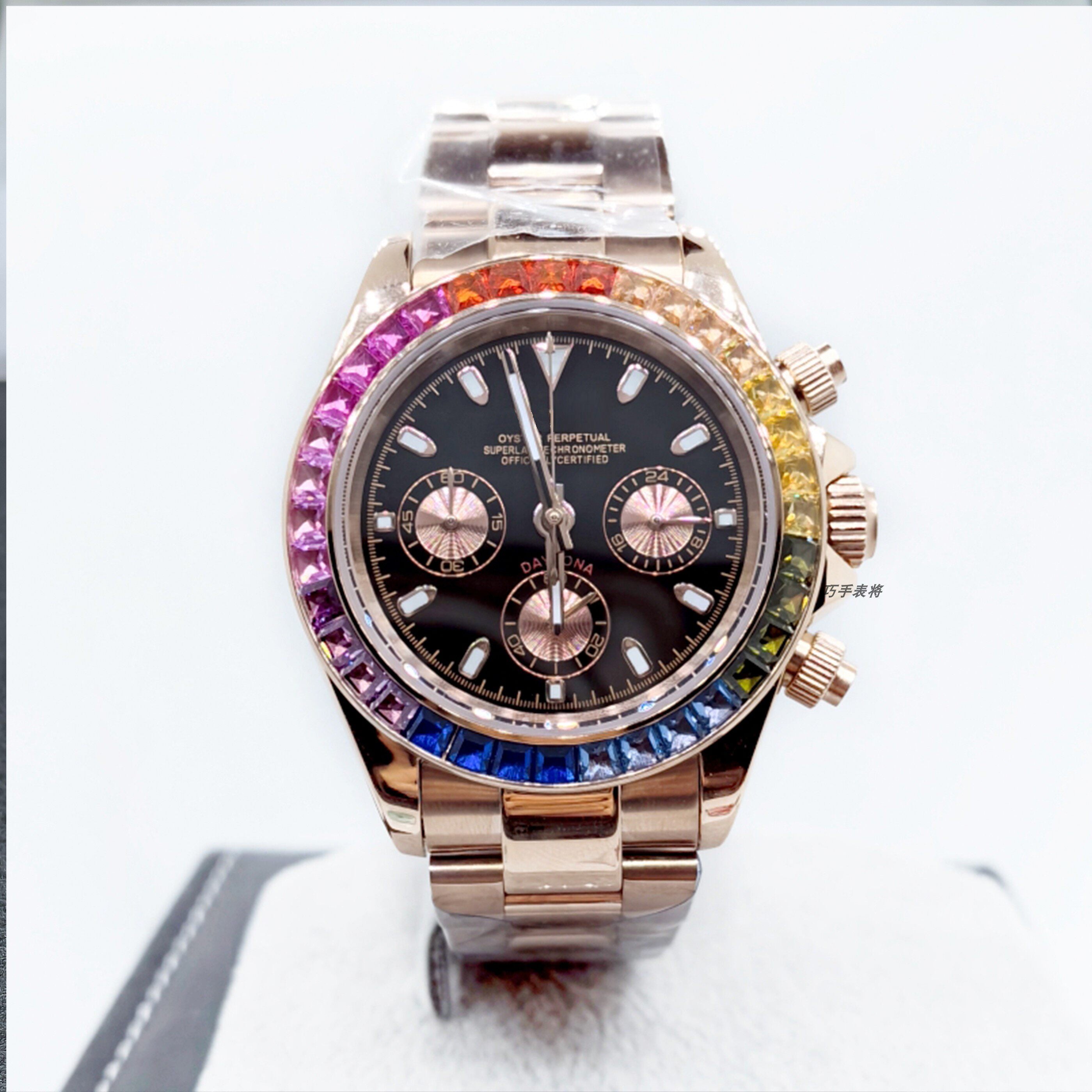 Men's Ice Blue Chronograph Watch | Daytona Style Black Ceramic Tachymeter Bezel 904L Steel Oyster Bracelet | Racing Sport Timepiece