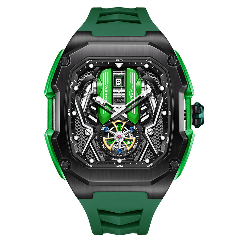 LILUOKE Men's Engine Skeleton Tourbillon Watch | Orange Black Supercar Inspired | Mechanical Turbine Dial | Date Window | Luxury Sport Racing Watch | UAE