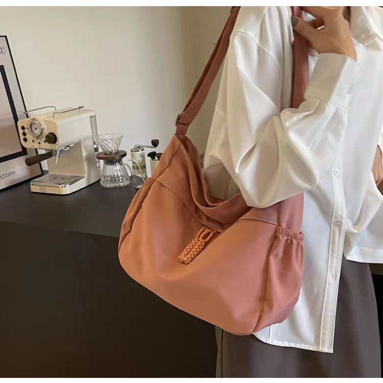 Brown Nylon Slouchy Shoulder Bag - Gathered Hobo Bag with Braided Cord Detail | Lightweight Casual Crossbody Tote