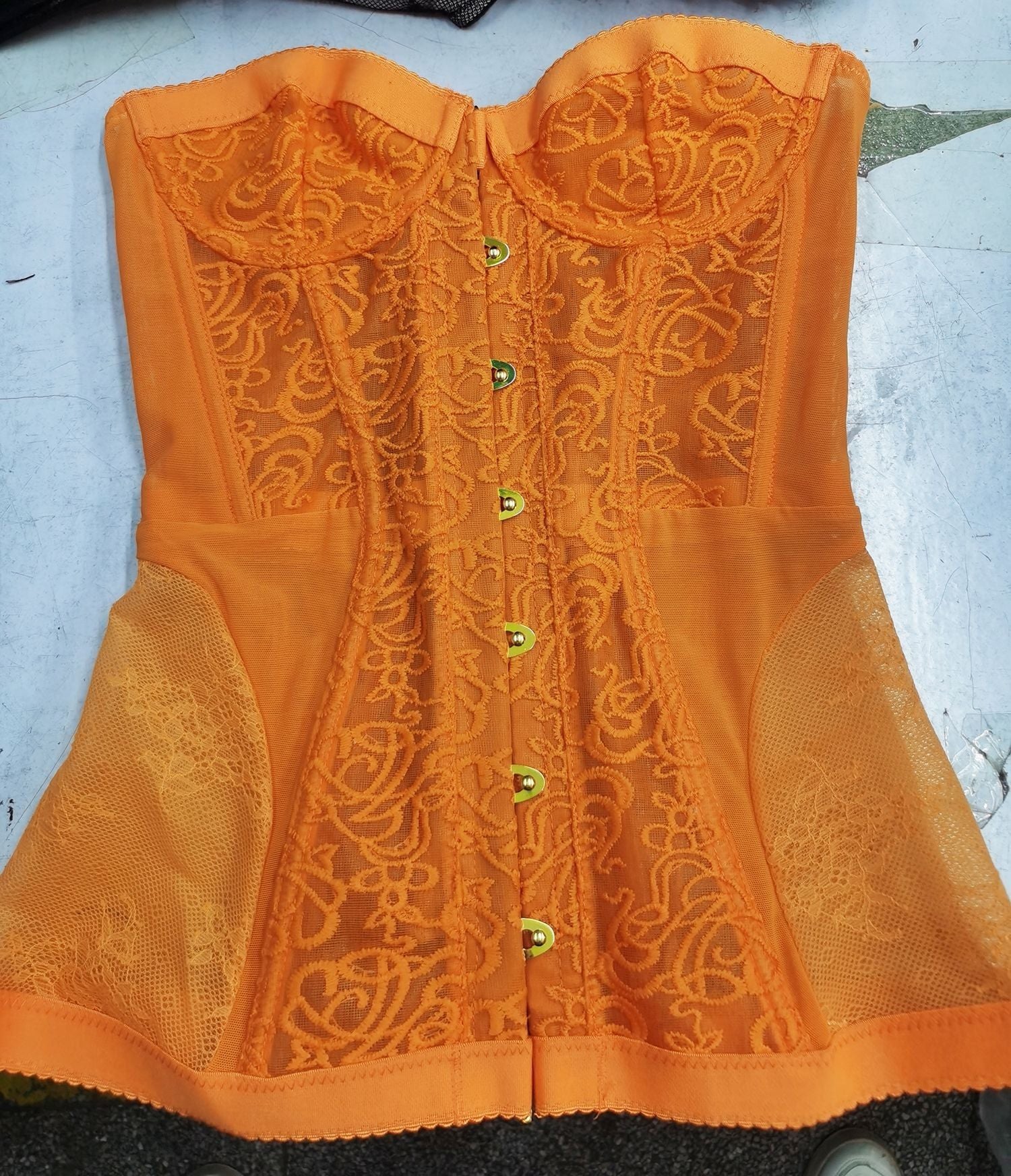 Women's Lace Corset Bustier Top | Strapless Gold Button Front Boned Corset | Sheer Floral Going Out Top