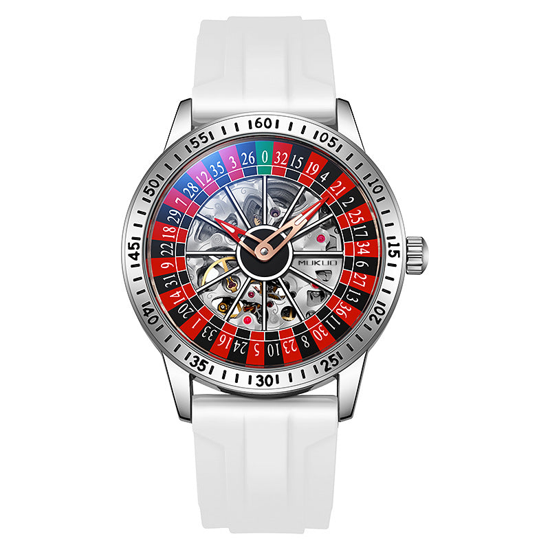 Roulette Wheel Skeleton Watch Men | Red Blue Casino Dial | Black Steel Bracelet | Hollow Tourbillon Style Automatic Watch