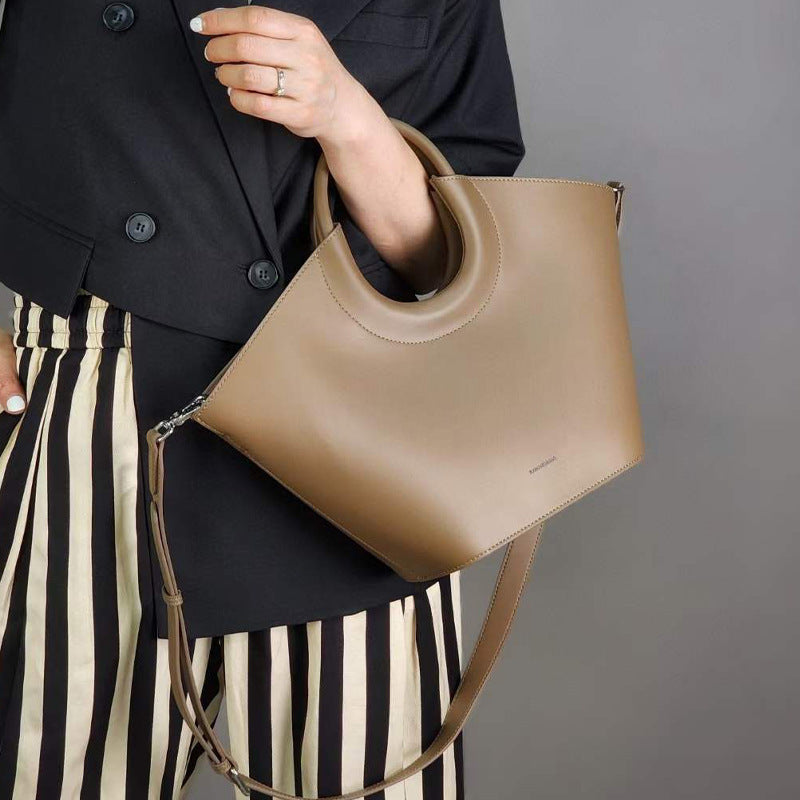 Cowhide High-End French Fashion Commuter Special Bag Niche Design Vegetable Basket Bag Brown Structured Tote Bag with Cutout Handle | Modern Trapezoid Leather Bag
