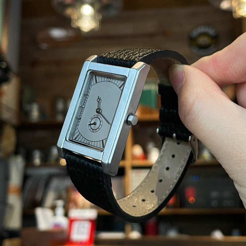 Vintage Rectangular Dress Watch | Minimalist Silver Dial Sub-Seconds | Black Leather Strap
