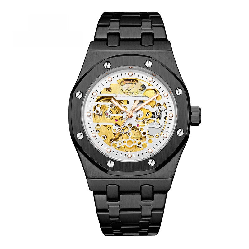 OTM Preisc Time Herren-Skelett-Automatikuhr | Silbernes achteckiges Gehäuse, Goldwerk, 30 m wasserdicht, Royal Oak-Stil 