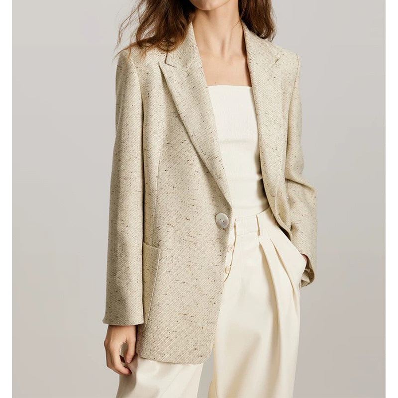 Women's Beige Tweed Linen Blazer | Single Button Notch Lapel Jacket | Smart Casual Office Coat