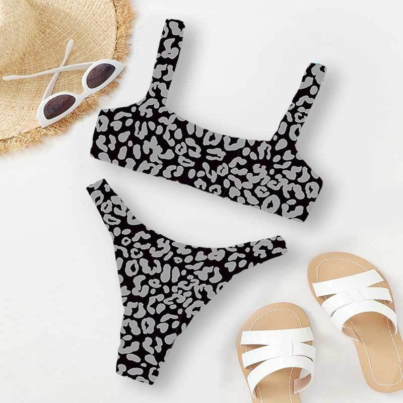Colorful Leopard Print Bikini Set, Square Neck Crop Top & High Cut Bottom, Women Two Piece Swimwear, Multi Color Animal Print Swimsuit, Beach Vacation Bathing Suit
