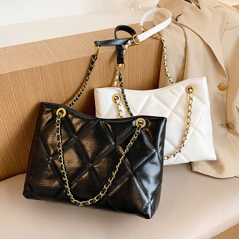 Cream White Quilted Leather Tote Bag with Gold Chain Straps | Diamond Stitched Shoulder Bag