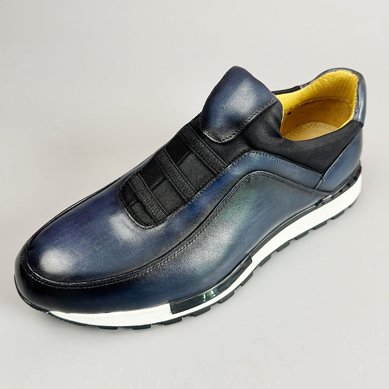 Men's Luxury Leather Slip-On Sneakers | Cognac Patina Casual Shoes with Elastic Band & Suede Detail | Premium Handcrafted Loafer Sneakers