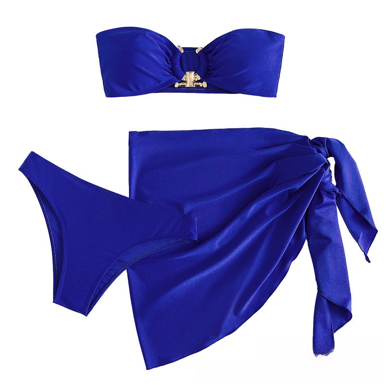 Royal Blue Gold Hardware Bandeau Three Piece Bikini Set | Strapless Top Bikini Bottom & Wrap Mini Skirt | Luxury Resort Two Piece Swimsuit Women