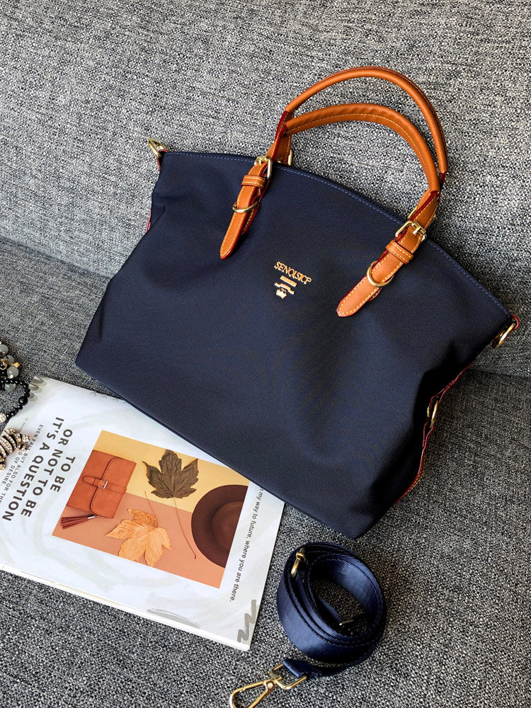 Black Nylon Tote Bag with Leather Handles - Designer Inspired Shoulder Bag | Lightweight Travel Handbag with Logo