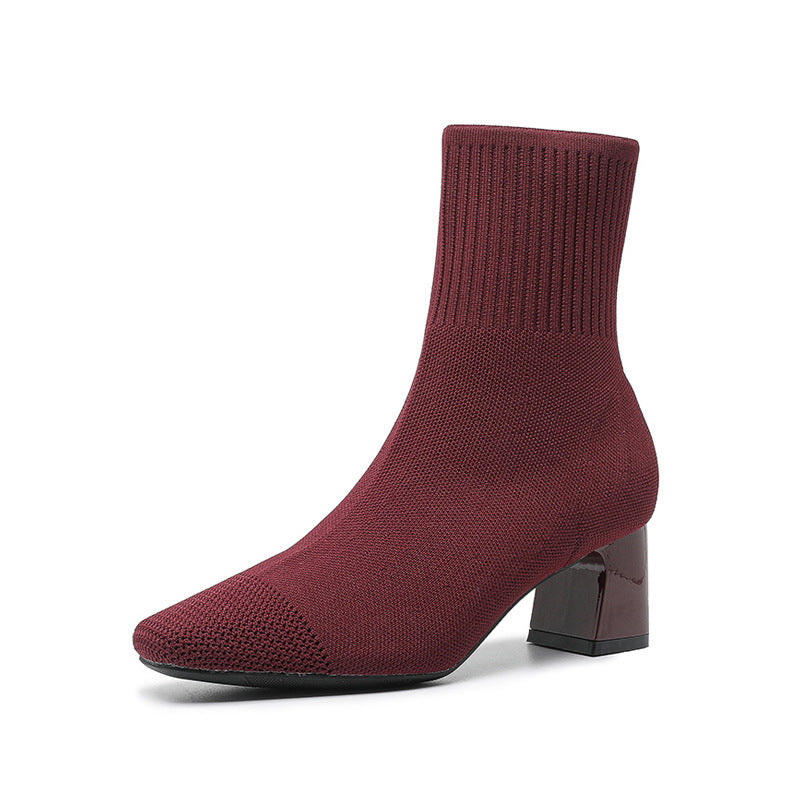 Black Ribbed Knit Sock Block Heel Ankle Boots | Women's Stretch Pointed Toe Silver Accent Heel Booties
