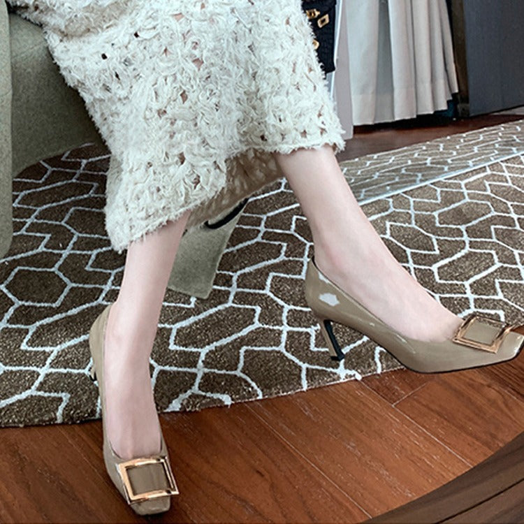 Nude Beige Patent Leather Square Toe Ballet Flats with Oversized Gold Square Buckle | Elegant Everyday Luxury Shoes for Women