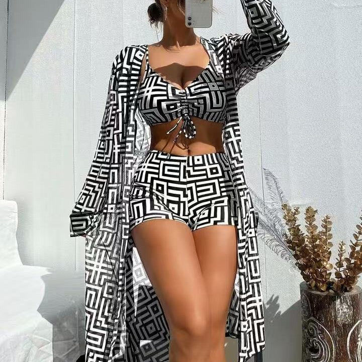Geometric Maze Print 3-Piece Bikini Set, Front Tie Crop Top & High Waist Shorts with Long Kimono Cover Up, Women Brown Cream Swimwear, Luxury Matching Beach Outfit, Resort Vacation Swimsuit