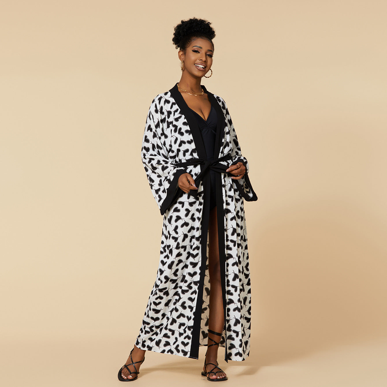 Women's Zebra Print Maxi Kimono Cover-Up | Long Belted Open Front Cardigan | Beach Pool Swimsuit Cover Up ? Black & White Animal Print
