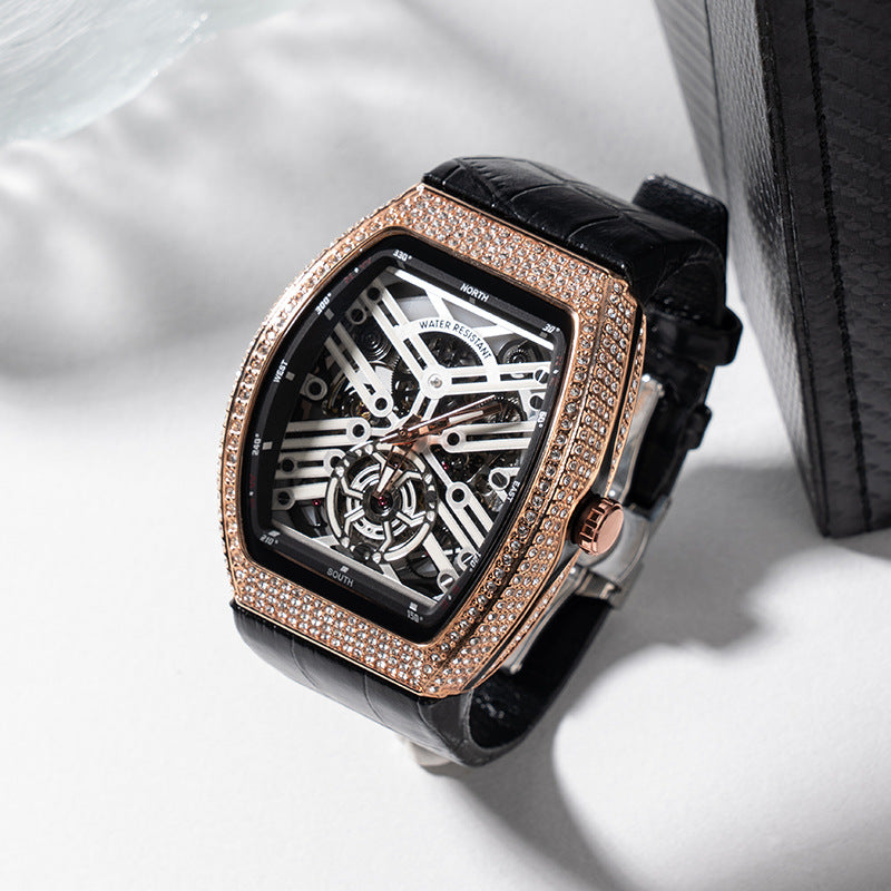 Iced Out Tonneau Skeleton Men's Watch | Diamond Pave Bezel Black Dial Circuit Movement Compass Leather Strap Luxury Timepiece