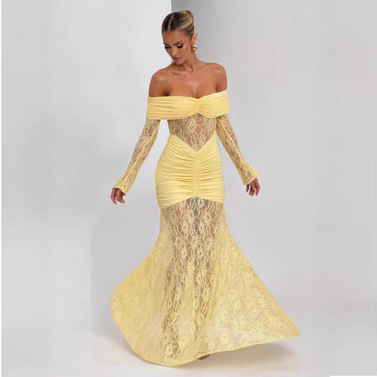 Black Off Shoulder Lace Maxi Dress - Long Sleeve Ruched Bodycon Mermaid Gown | Formal Evening & Wedding Guest Dress