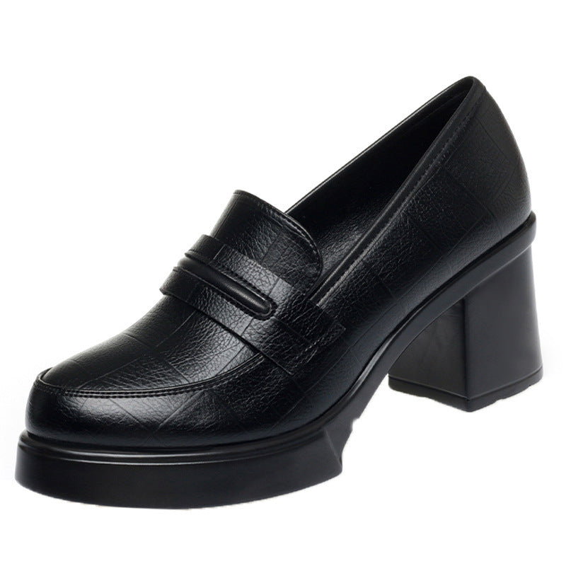 Black Platform Block Heel Penny Loafers | Women's Slip-On Chunky Heel Leather Pumps | Classic High Heel Loafers