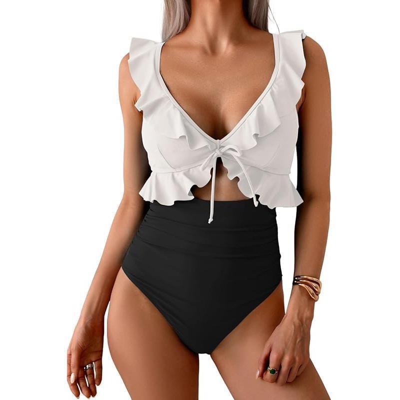 Teal Ruffle V-Neck Tie Front Cutout One Piece Swimsuit | High Waist Ruched Monokini | Women's Elegant Swimwear