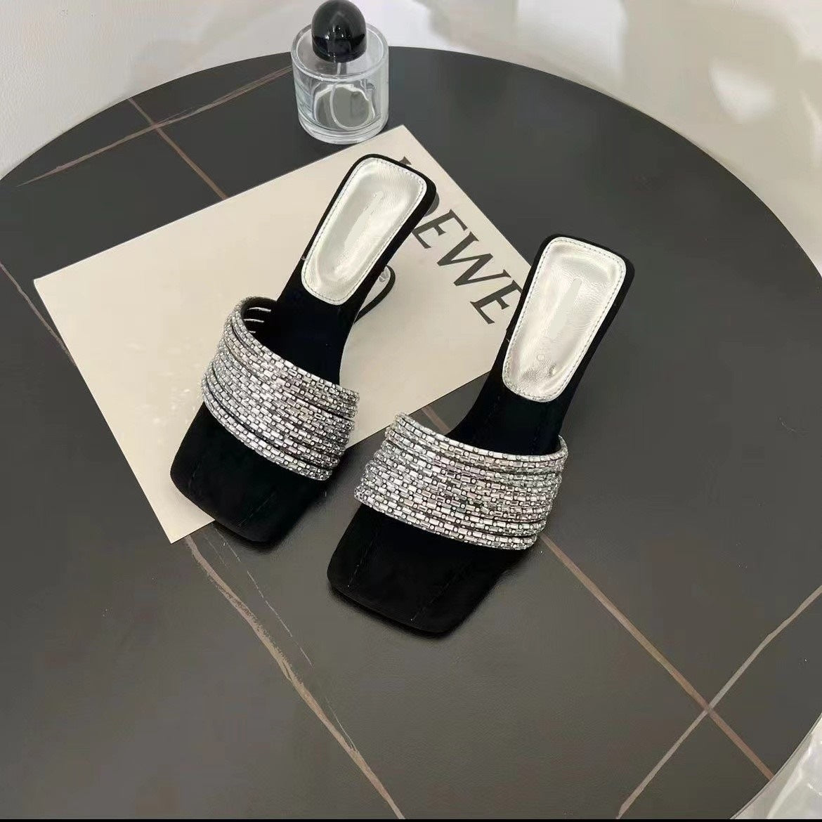 Black Crystal Multi-Row Rhinestone Strap Mule Heels for Women | Silver Diamond Wide Band Square Toe Block Heel Mules | Luxury Embellished Slip-On Evening Heels | Glamorous Party Mule Sandals