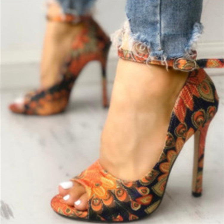 Paisley Print Ankle Strap Peep Toe Stiletto Sandals | Women's Boho Floral High Heel Party Shoes