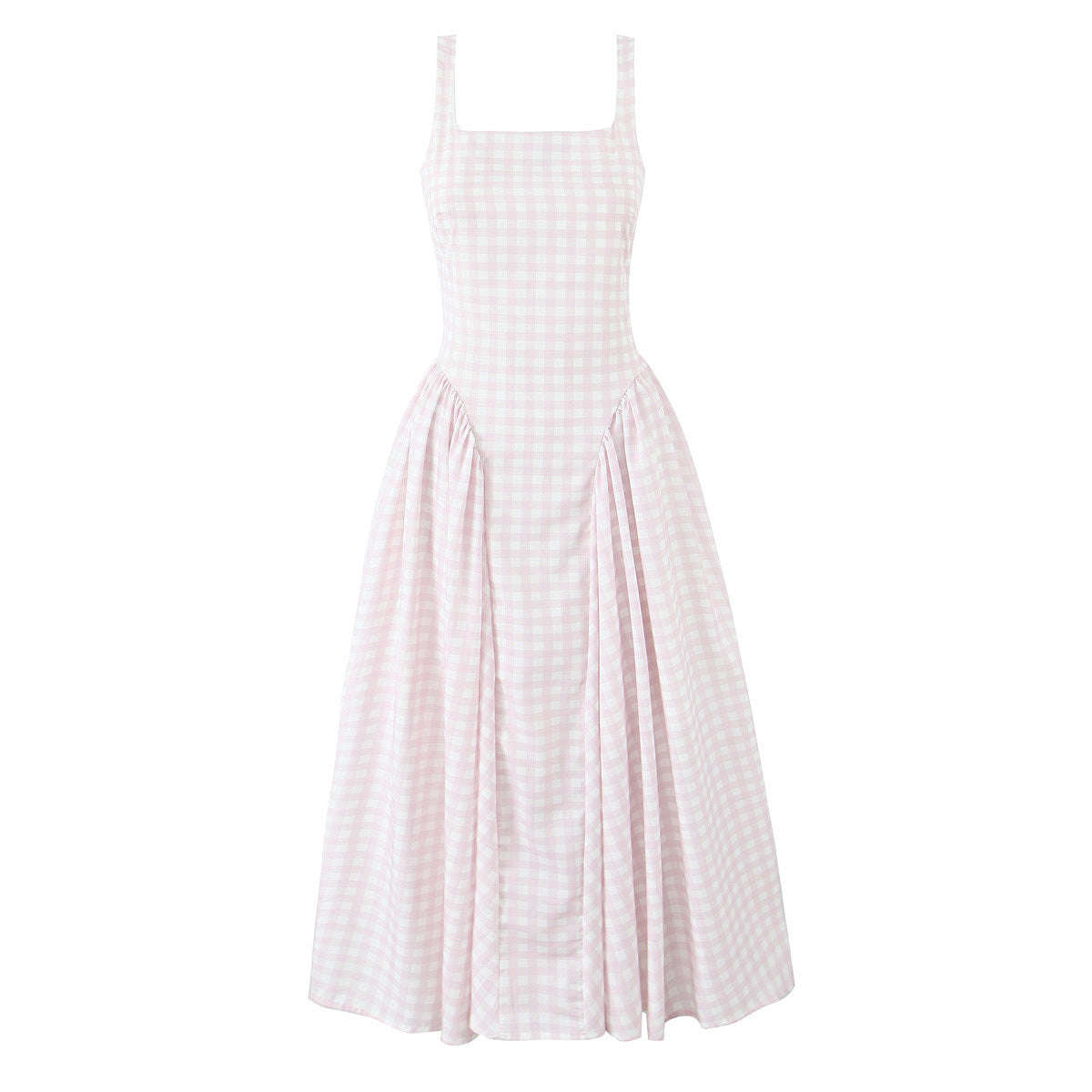 Pink Gingham Tie Strap Midi Dress | Square Neck Full A-Line Skirt Corset Dress | Women's Coquette & Vintage Party Dress