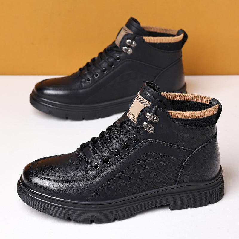 Men's Black High Top Leather Boots | Quilted Lace Up Ankle Boot Chunky Sole | Winter Casual Outdoor Fashion Boot