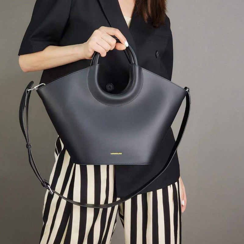 Cowhide High-End French Fashion Commuter Special Bag Niche Design Vegetable Basket Bag Brown Structured Tote Bag with Cutout Handle | Modern Trapezoid Leather Bag