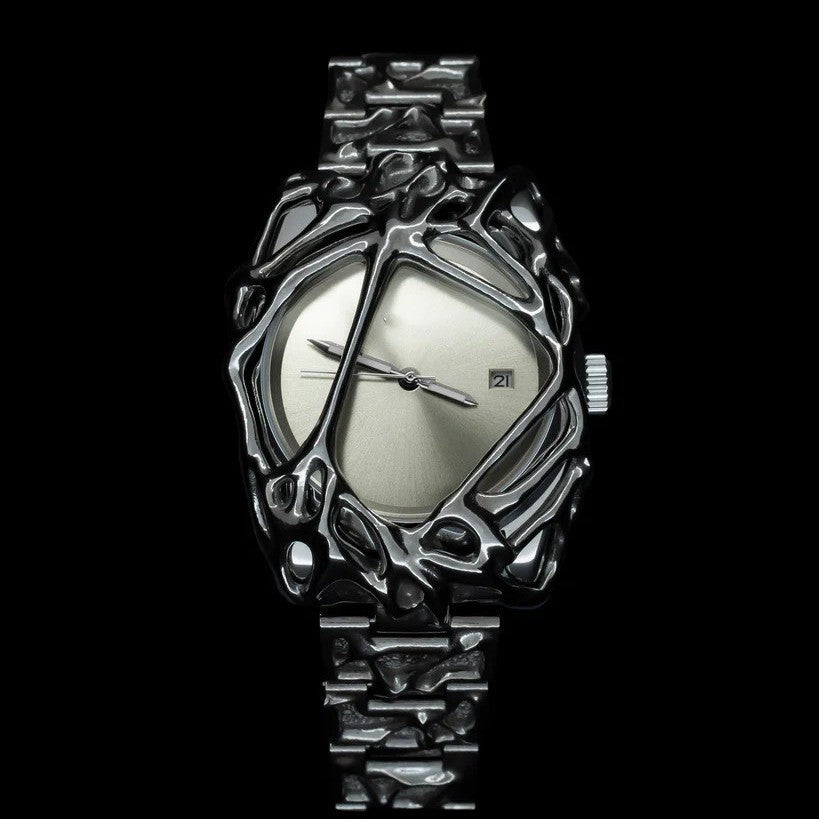 Avant-Garde Black Sculpted Web Watch for Men | Red Gradient Dial Dark Art Luxury Quartz Timepiece