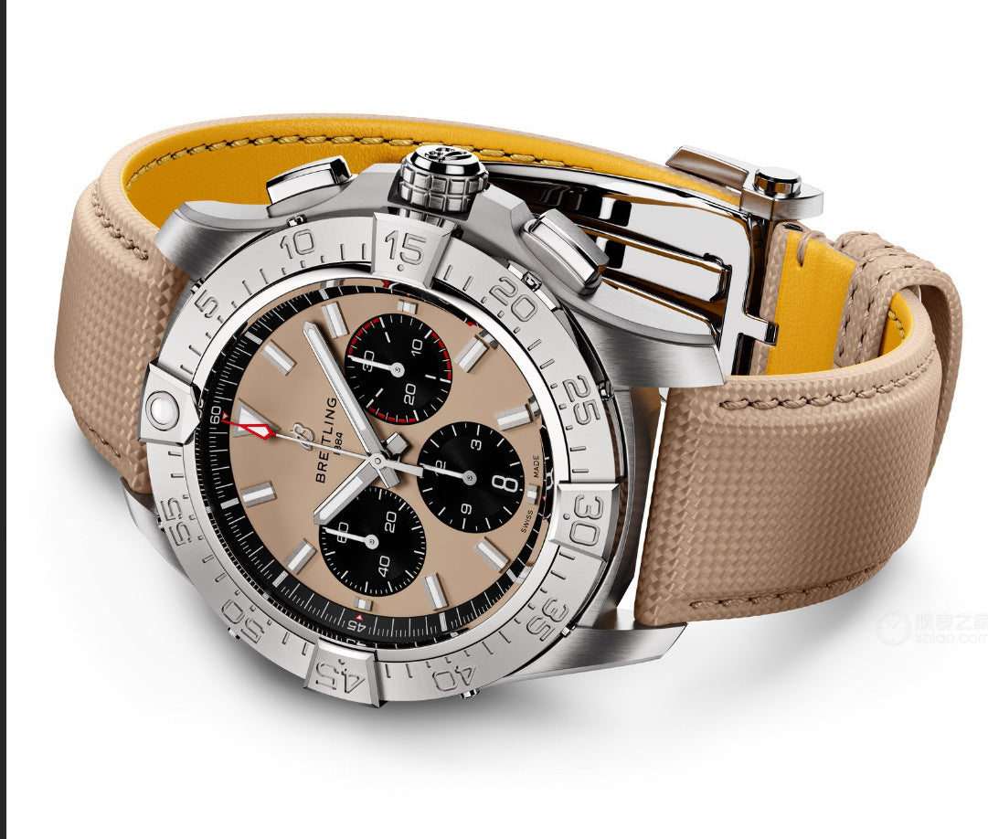 Breitling Chronograph Men's Watch | Salmon Dial Black Subdials Tachymeter Bezel Sand Leather Strap Swiss Made Sport Watch
