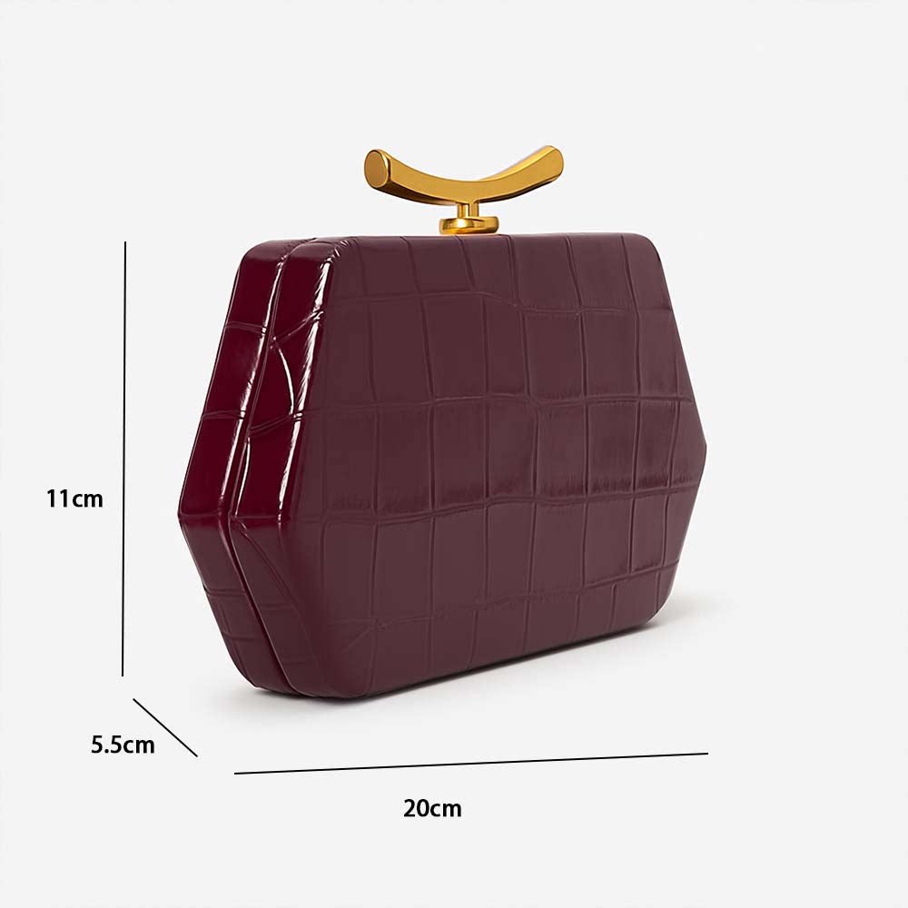Burgundy Crocodile Embossed Evening Clutch - Wine Red Frame Bag with Gold Handle | Luxury Statement Purse for Special Events