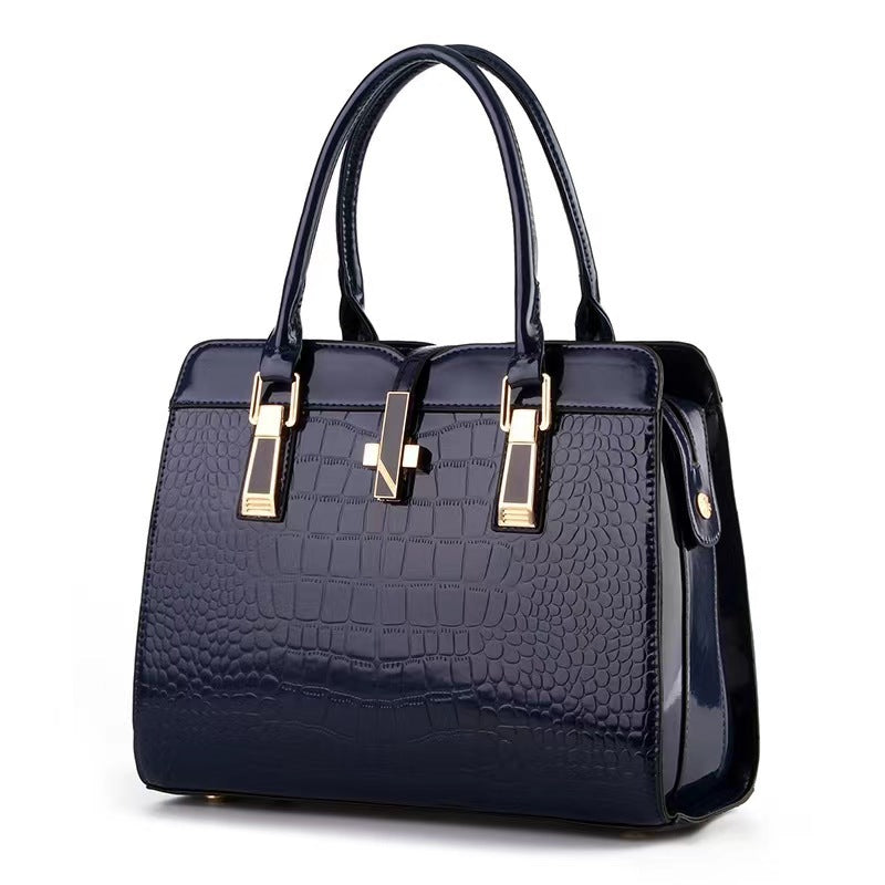 Black Patent Crocodile Embossed Handbag with Gold Hardware | Glossy Structured Tote