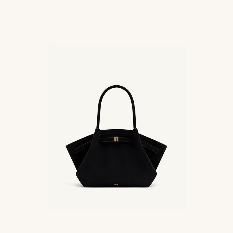 Borsa a mano strutturata in camoscio nero con design ad ala | Borsa tote trapezoidale