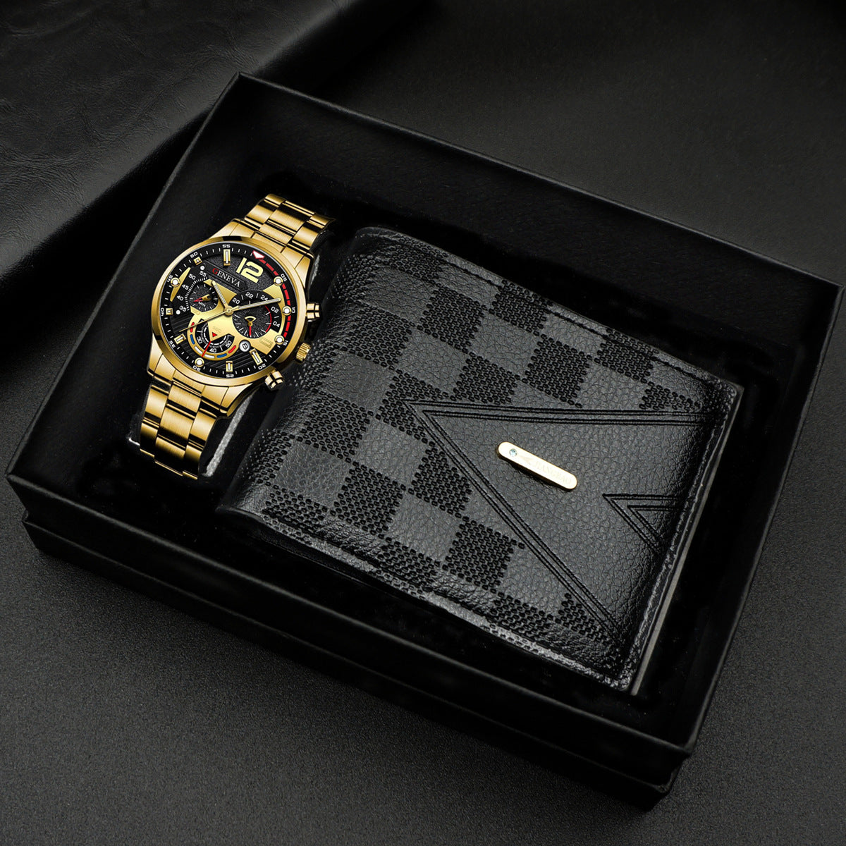 Geneva Men's 3-Piece Black Gift Set | Chronograph Watch + Cuban Link Bracelet + Cross Necklace Luxury Jewelry Box