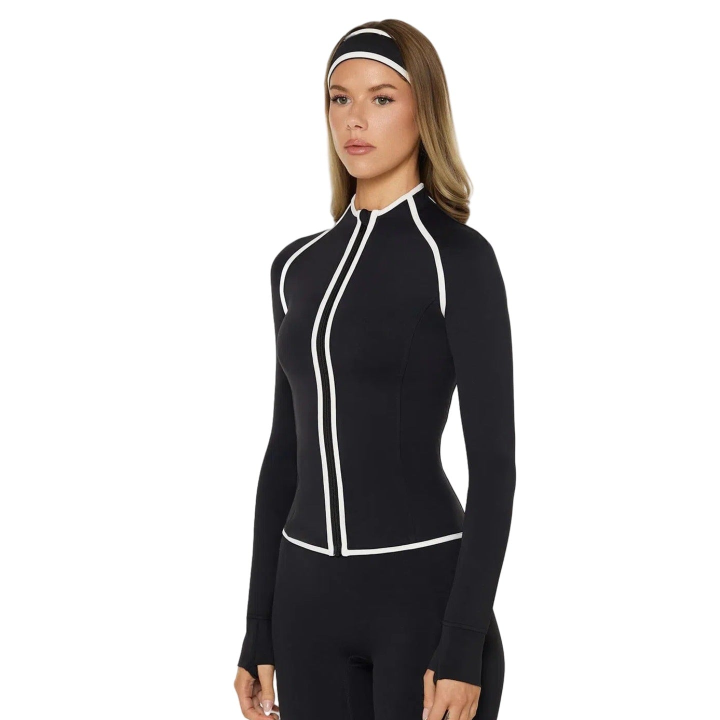 Giacca sportiva da donna nera aderente con cerniera ? Giacca da atletica con bordo bianco a contrasto e fori per i pollici | Palestra, Yoga e Corsa