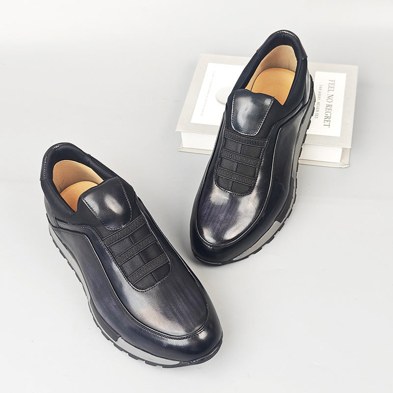 Men's Luxury Leather Slip-On Sneakers | Cognac Patina Casual Shoes with Elastic Band & Suede Detail | Premium Handcrafted Loafer Sneakers