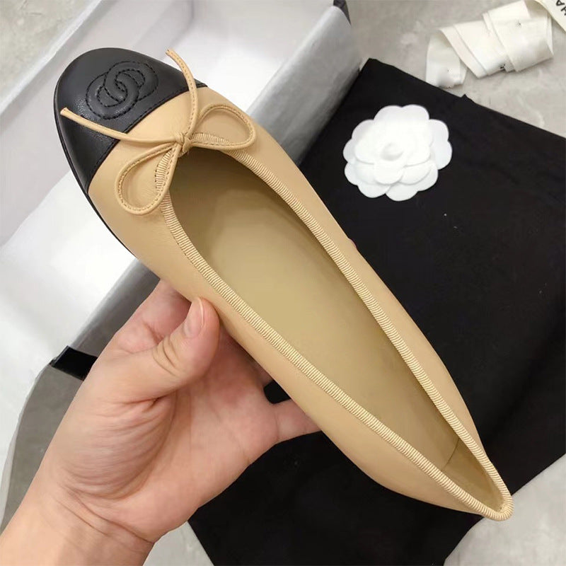 CHANEL Beige & Black Lambskin Ballet Flats | Luxury Flat Shoes for Women