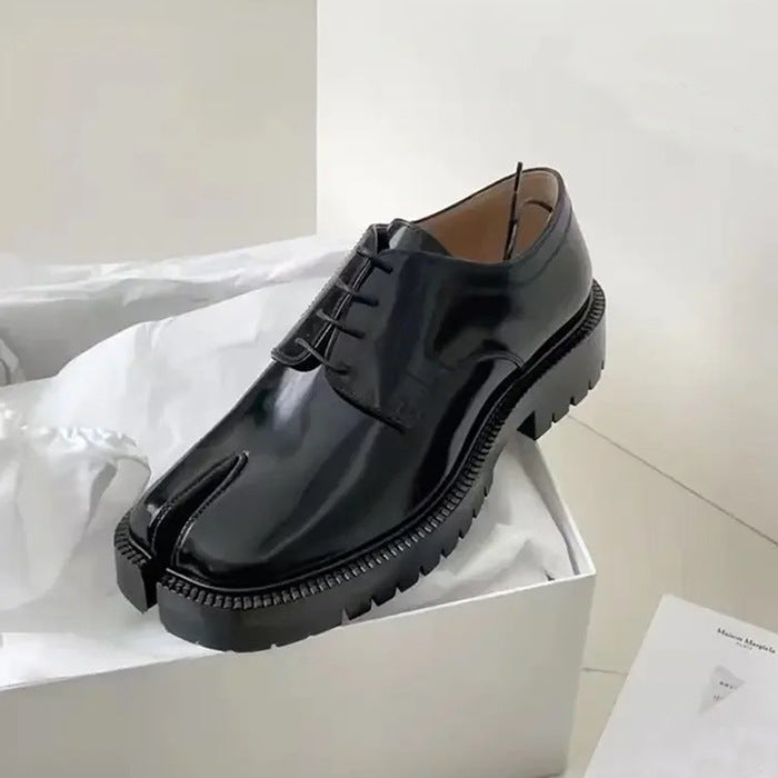 Women's Black Patent Leather Tabi Split Toe Loafers ? Avant-Garde Penny Loafer Flat Shoes