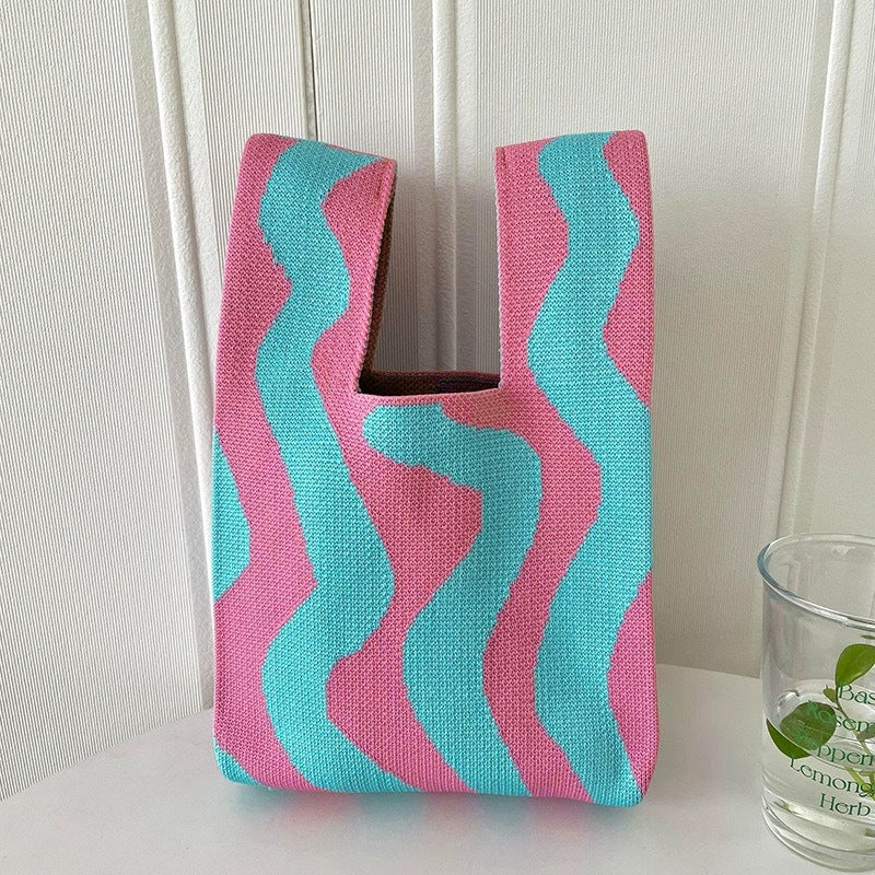 Black & White Geometric Knit Tote Bag | Aztec Pattern Wrist Handle Handbag | Boho Crochet Style Women's Bag