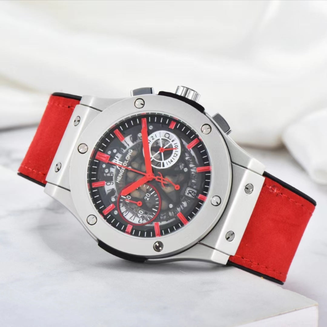 Hengbolong Skeleton Chronograph Men's Watch | Silver Screw Bezel Sky Blue Suede Strap Hollow Dial Date Watch