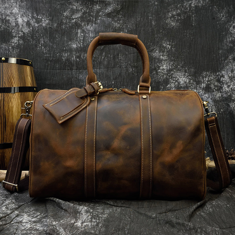 Tan Crazy Horse Leather Duffle Bag | Large Vintage Weekender Travel Bag with Luggage Tag
