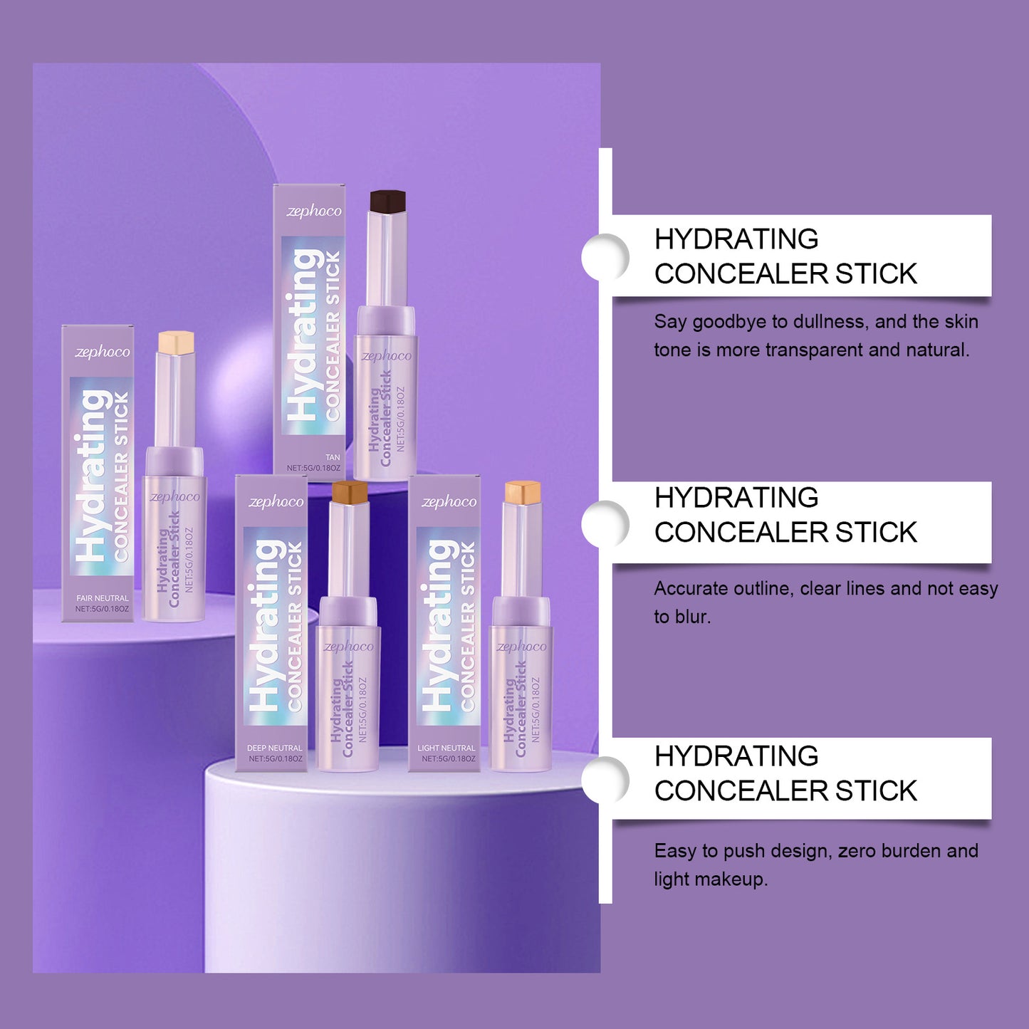 Zephoco Hydrating Concealer Stick 5g | Hell-neutral | Feuchtigkeitsspendender Concealer mit hoher Deckkraft | Glättet die Haut und hellt die Augenpartie auf 