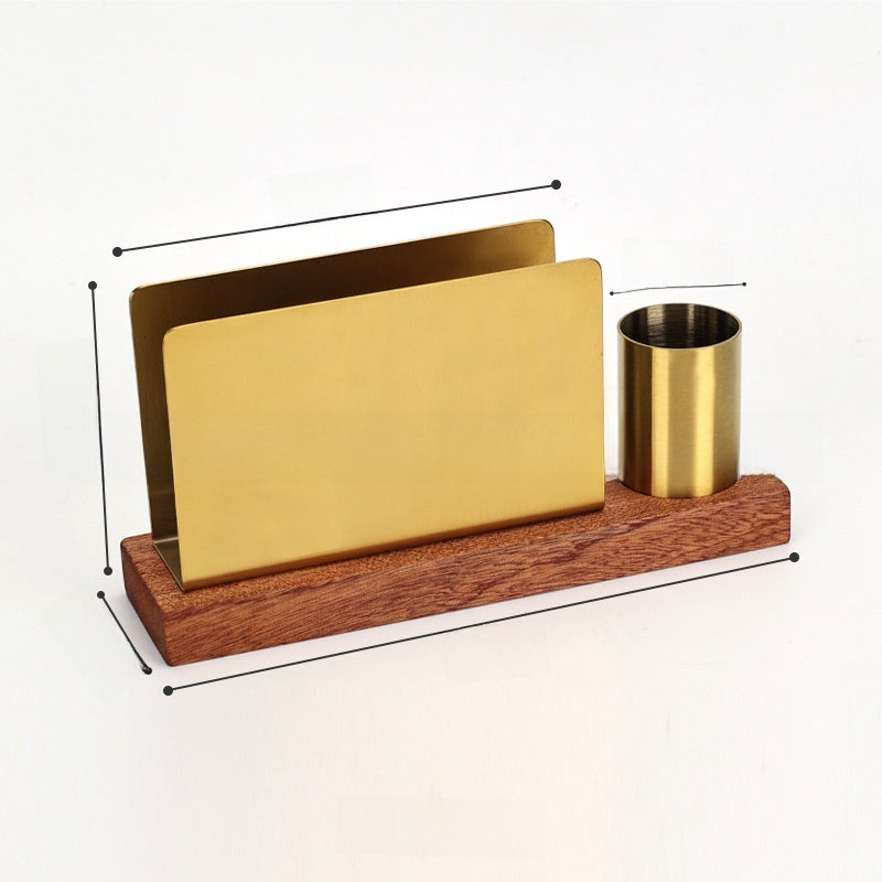 Gold & Walnut Wood Desk Organizer Set | Business Card Holder & Pen Cup | Luxury Office Accessories | Modern Minimalist Desktop Organizer