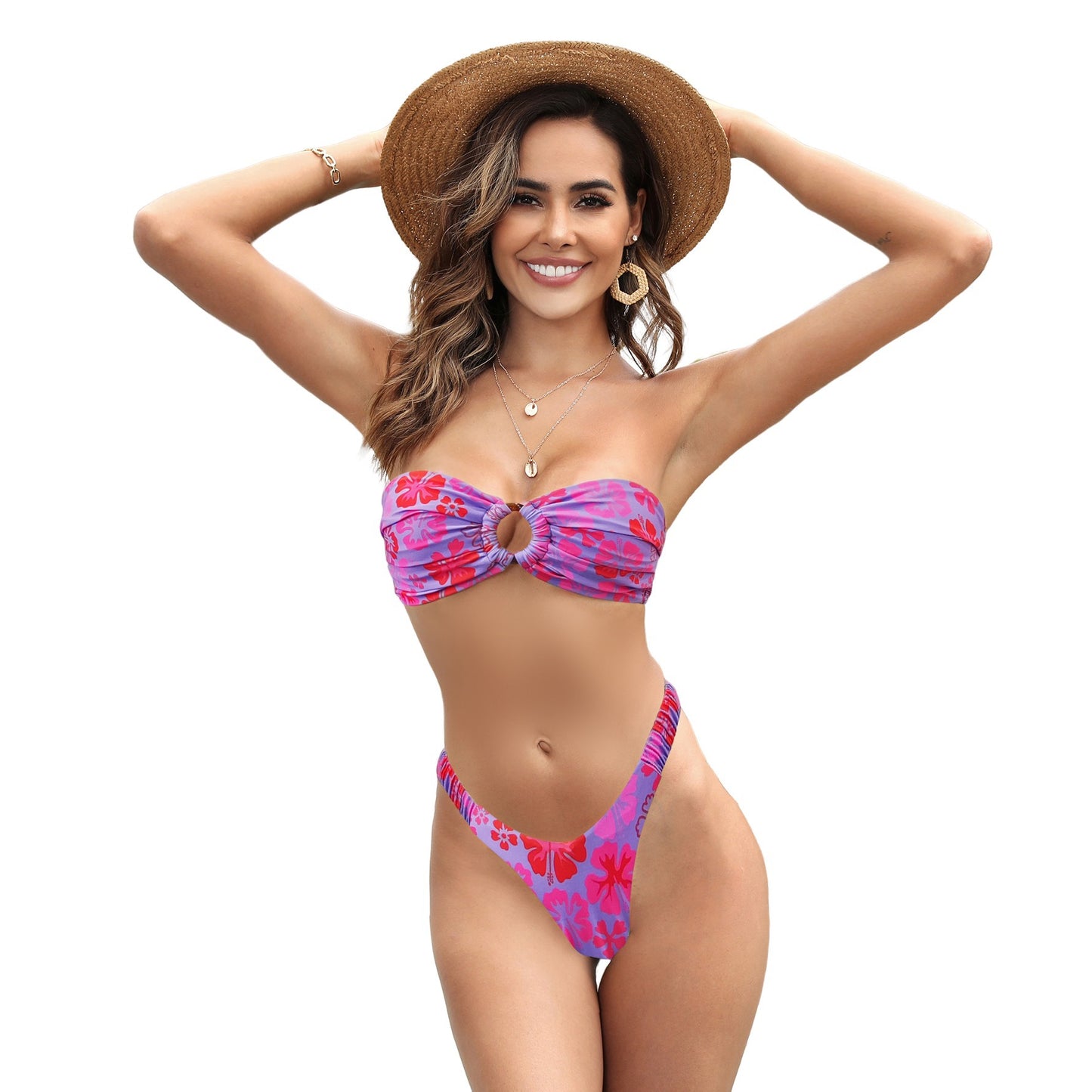Floral Bandeau Bikini Set - Mint Green & Pink Hibiscus Strapless Swimsuit | Ring Detail Two-Piece Swimwear