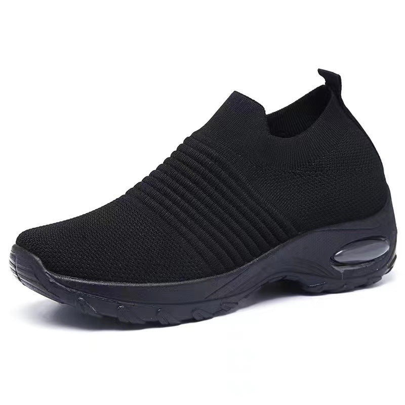 Schwarze Damen-Plateau-Sneaker zum Hineinschlüpfen | Sockenschuhe mit Luftpolsterung | Strick-Mesh-Schuhe mit dicker Sohle 