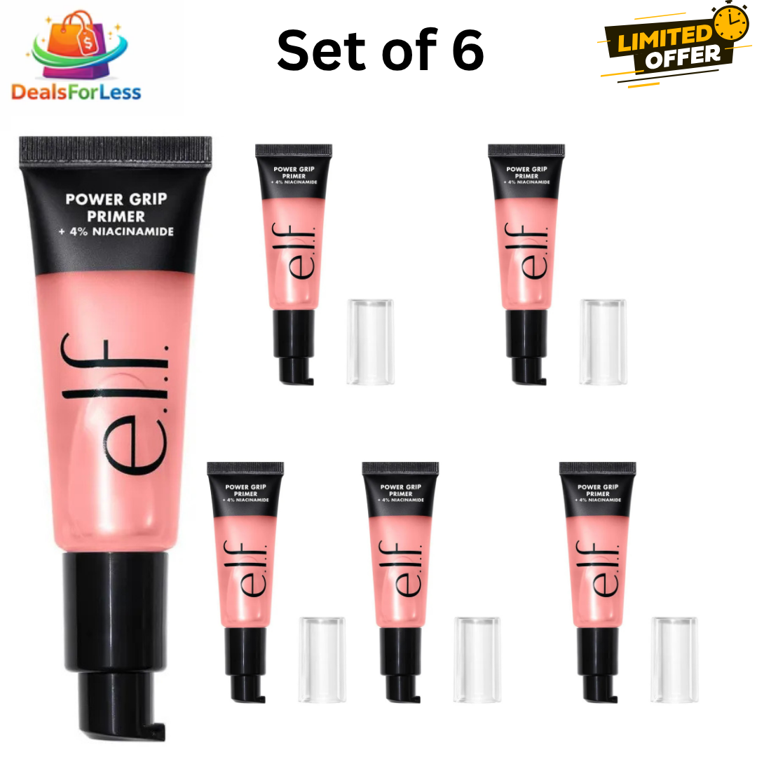 Set of 6 e.l.f. Power Grip Primer tubes on a white background with 'DealsForLess' branding.