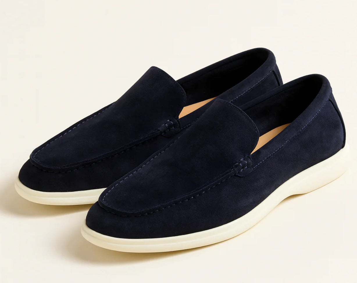 Men's Black Suede Slip-On Loafers | White Rubber Sole Venetian Casual Dress Shoes