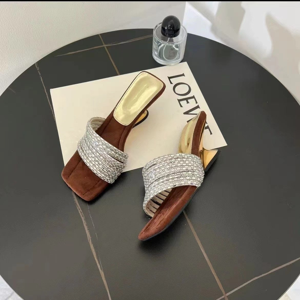 Black Crystal Multi-Row Rhinestone Strap Mule Heels for Women | Silver Diamond Wide Band Square Toe Block Heel Mules | Luxury Embellished Slip-On Evening Heels | Glamorous Party Mule Sandals