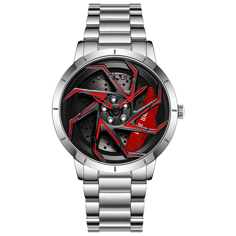 Bodeer Spinning Rim Watch Men | 3D Red Turbine Wheel Dial | Silver Stainless Steel Bracelet | Racing Car Enthusiast Watch